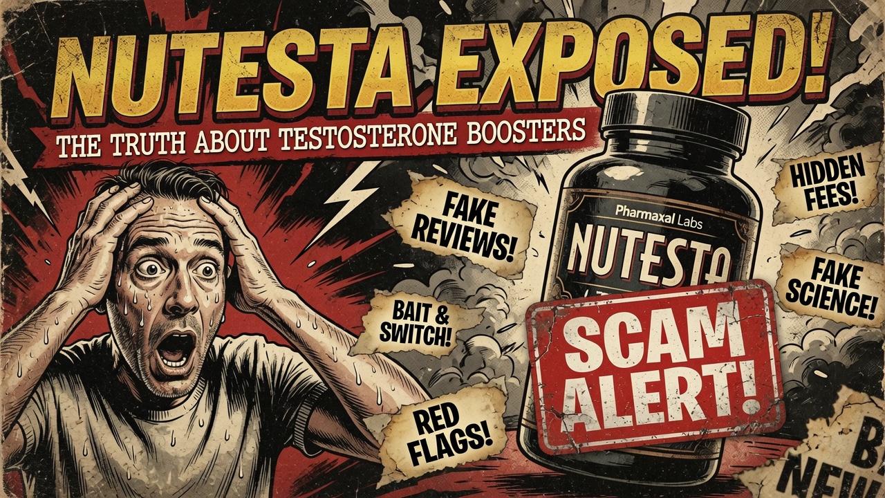 Nutesta Exposed: dramatic scam alert illustration showing a shocked man surrounded by warnings of fake reviews, bait and switch tactics, fake science, hidden fees, and red flags