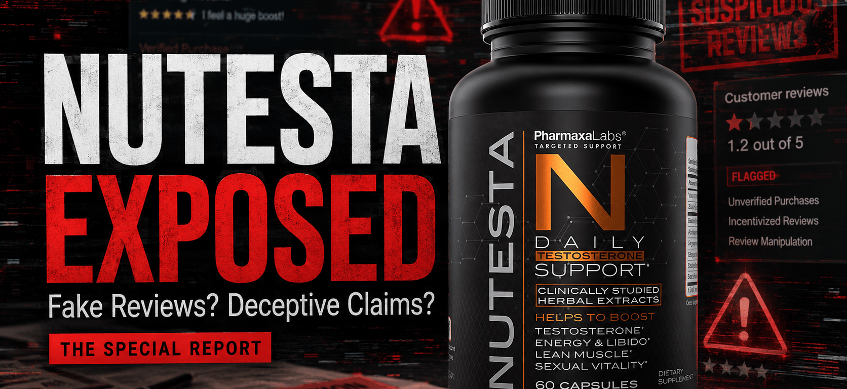 Nutesta review 2026 exposing fake reviews and scam marketing on testosterone booster bottle with scam alert warning